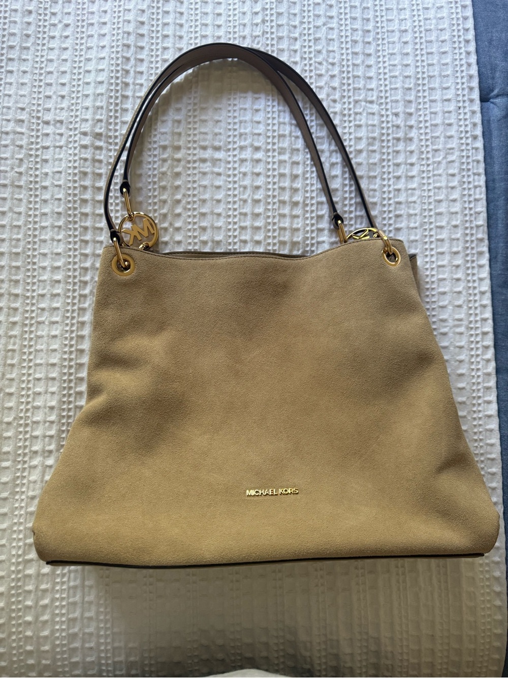 Michael Kors Beige Suede Shoulder Bag with Gold Hardware